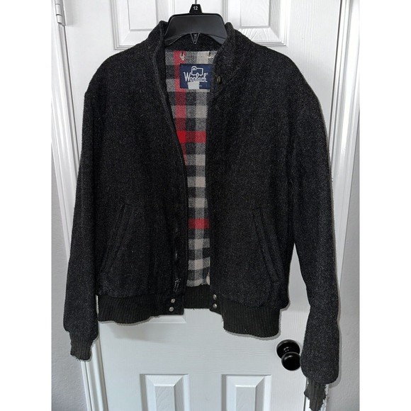 Vintage Woolrich Wool Bomber Jacket M Medium Charcoal Gray Black Plaid Lined - Picture 2 of 15